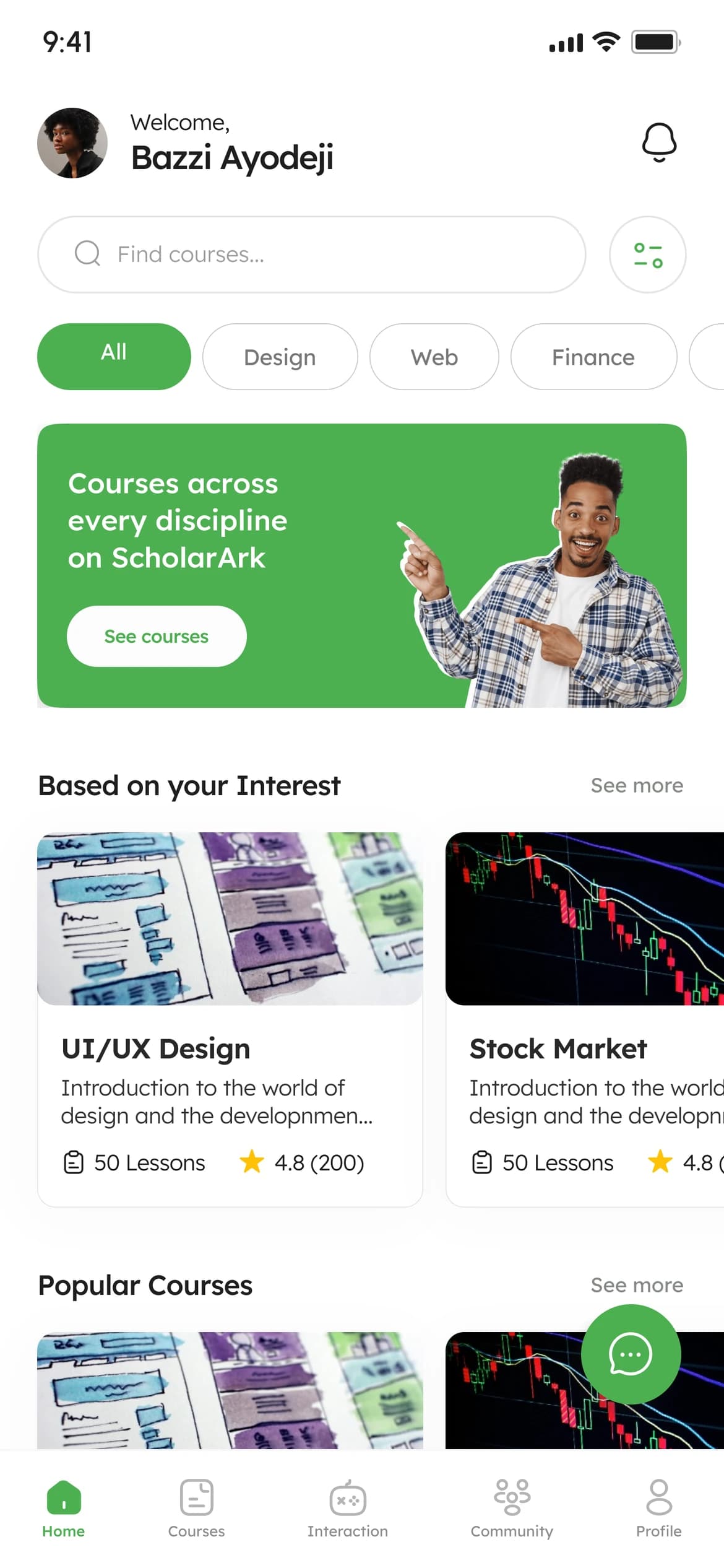 ScholarArk home screen showing a course search, category filters and a banner promoting its courses