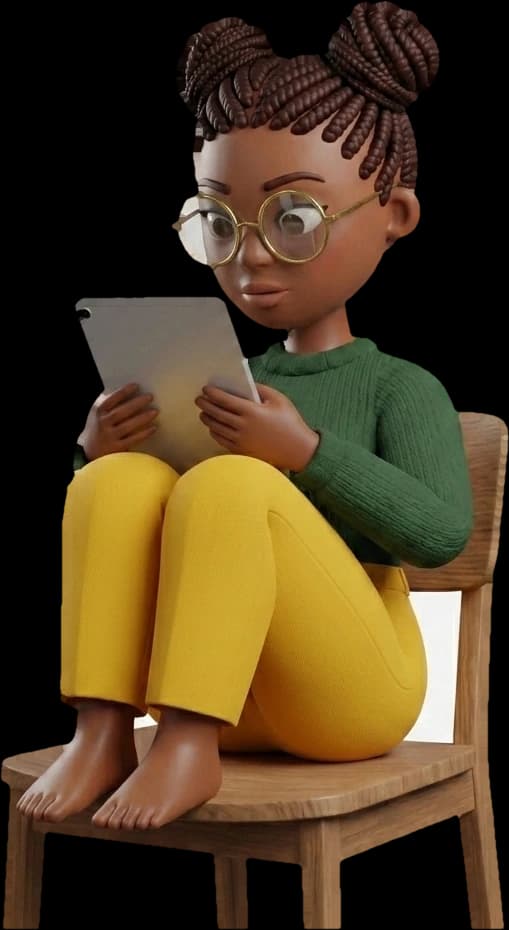 The ScholarArk mascot sitting on a wooden chair, reading from a tablet